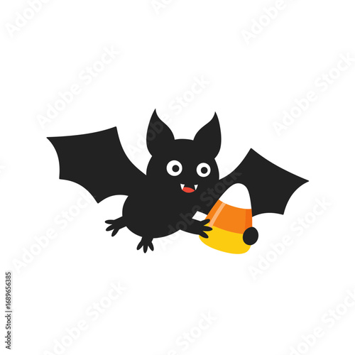 Adorable cartoon bat joyfully clutching a classic candy corn treat, embodying the sweet spirit of Halloween celebrations and trick-or-treating fun