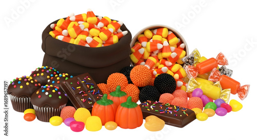 Assortment of halloween candy including candy corn, cupcakes, chocolate bars, and gummy candies, isolated on transparent background