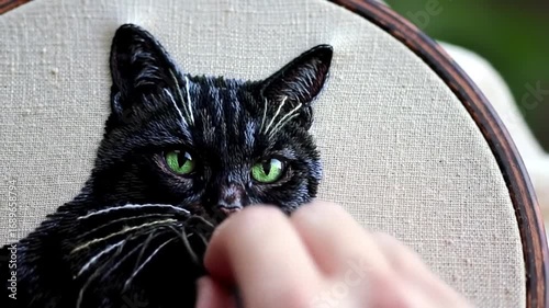 Detailed hand embroidery cat portrait