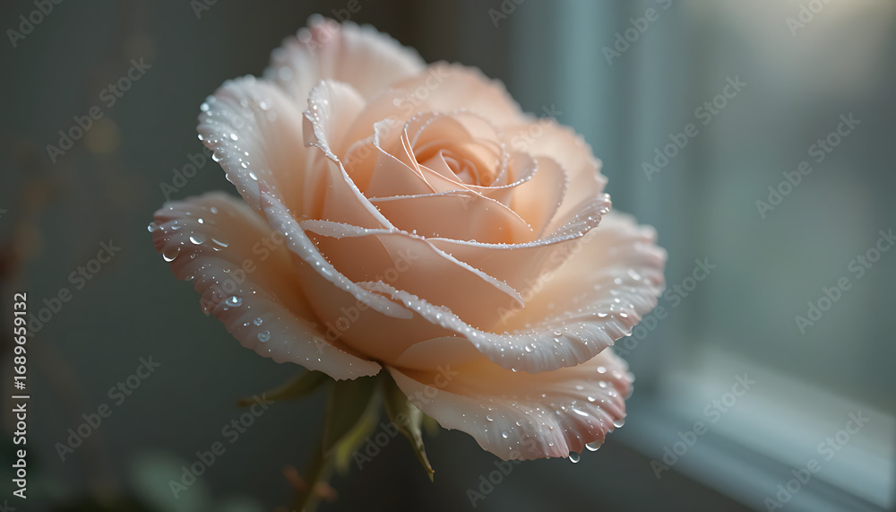 Fototapeta premium Beautiful light pink rose with delicate dew drops.