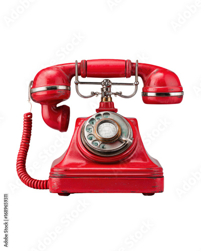 Red vintage rotary phone on black