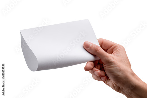 A hand holds a blank sheet of white paper