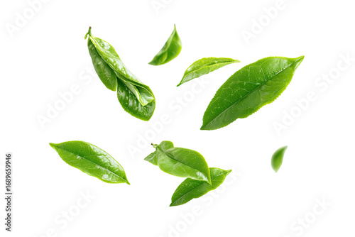 Fresh, vibrant green tea leaves scattered in mid-air,  isolated against a black background