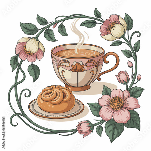 Art Nouveau Chai and Pastry Illustration