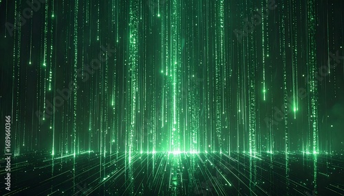 Abstract digital rain of glowing green particles