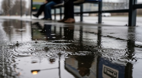 Wallpaper Mural Raindrops create ripples in a puddle reflecting a bus stop shelter and waiting people Torontodigital.ca