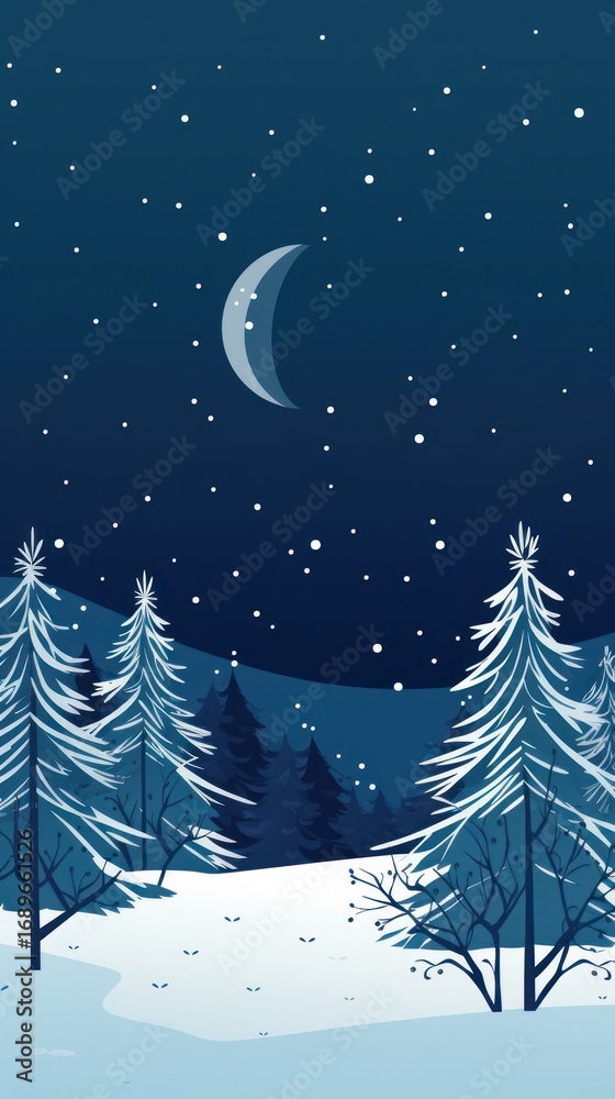 Fototapeta premium Christmas night tree snow moon.