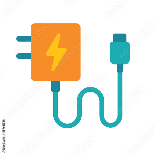Orange charging adapter with teal cable, showing a lightning bolt symbol.