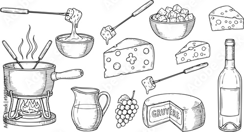 Cheese fondue sketches set. Hand-drawn food illustrations. Dairy products, melted cheese, fondue pots vector drawings