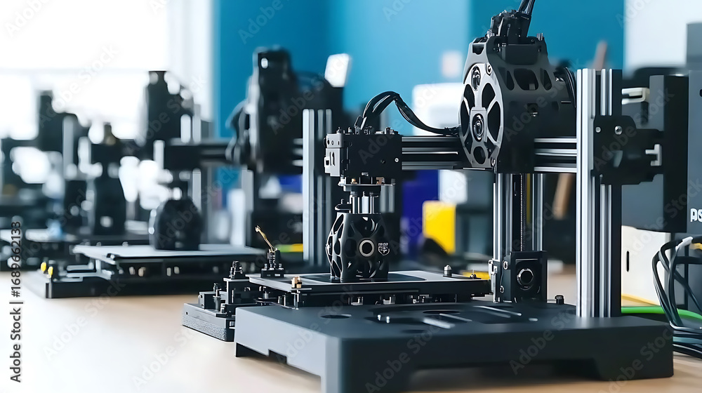 Fototapeta premium 3D Printers in Operation on a Workshop Desk