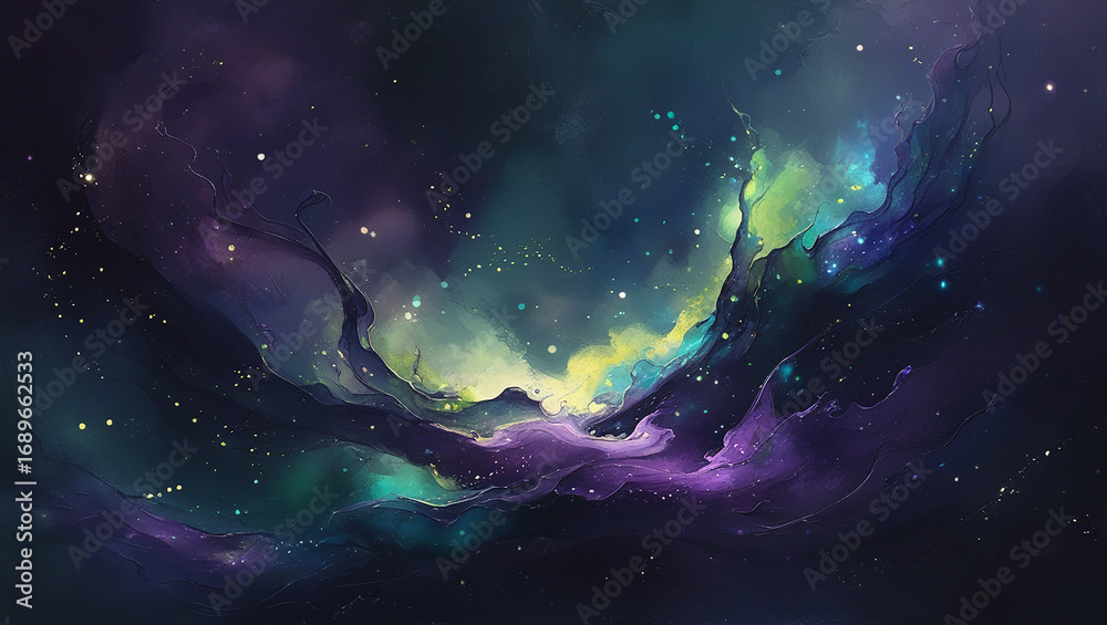 Obraz premium Vibrant cosmic nebula swirls with luminous hues of green purple and yellow amidst distant stars