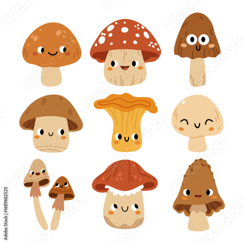 Cute cartoon mushrooms with smiling faces. Set of funny forest fungi characters in flat style. Perfect for kids designs, stickers, autumn posters, and woodland themes.
