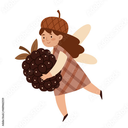 Cute forest fairy girl with acorn hat flying and holding a big blackberry. Autumn woodland illustration in soft earthy tones. Perfect for kids prints, fairy tales, and fall designs.