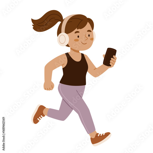 Smiling girl jogging with headphones and smartphone. Active lifestyle flat illustration. Perfect for fitness, wellness, workout, and healthy habits designs.