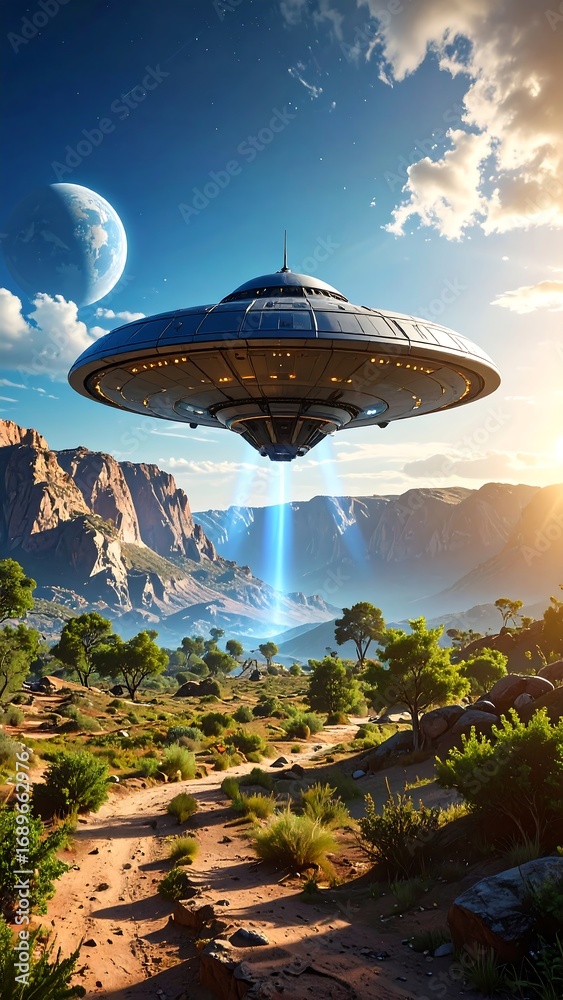 UFO lands in a desert landscape UFO lands in a desert landscape