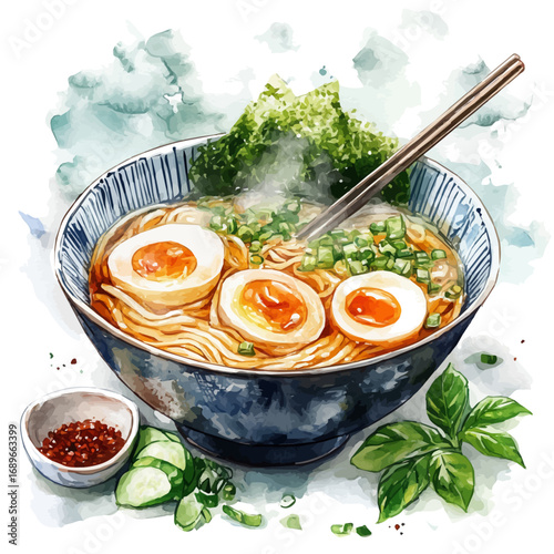 watercolor vector of Udon Noodles, isolated on a white background.