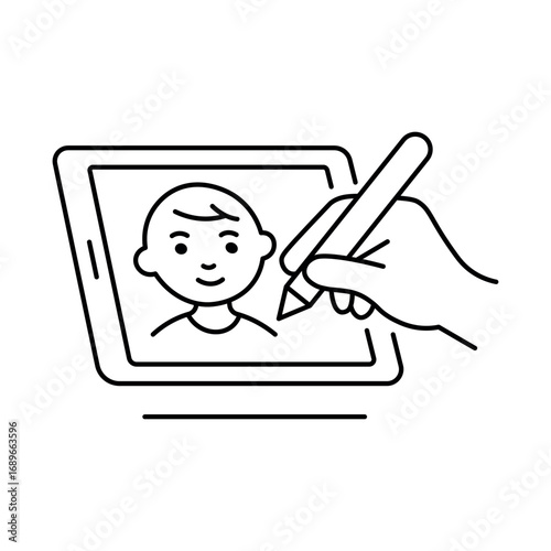 Line art illustration of a hand drawing a smiling boy’s portrait on a digital tablet using stylus pen, isolated on white background, perfect for design, vector, and education themes.