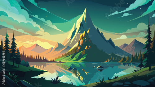 Mountains and lake in the forest at sunset. Vector illustration.