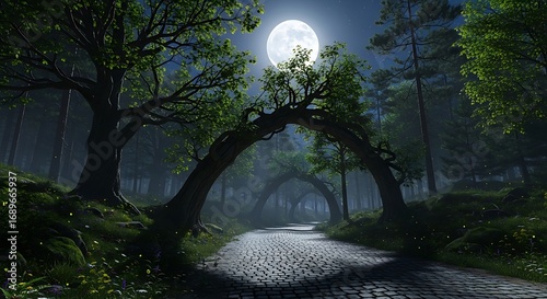 A paved path winds through a mystical forest at night, illuminated by a full moon, creating a serene and enchanting scene.