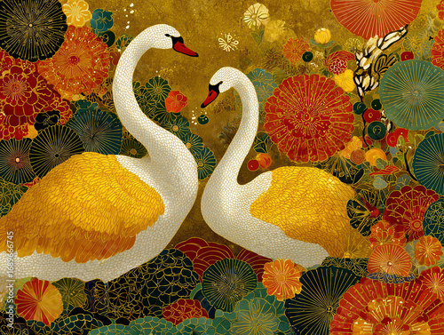 Centrally positioned swans cream, gold intertwined, set amidst blooming flowers orange, yellow, green and lily pads Depiction follows traditional Japanese woodblock print style wit - AI-Generated