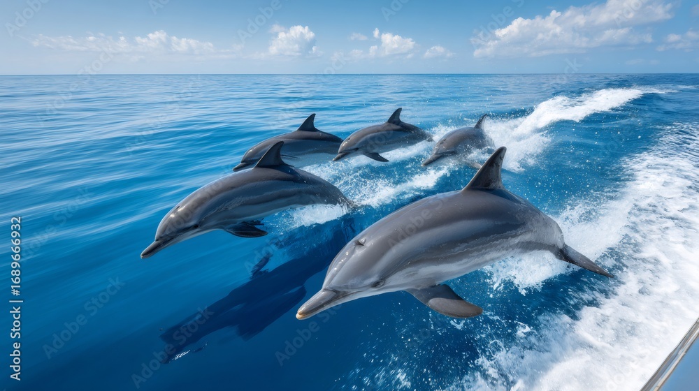 Fototapeta premium Spinner dolphins jumping in formation next to boat