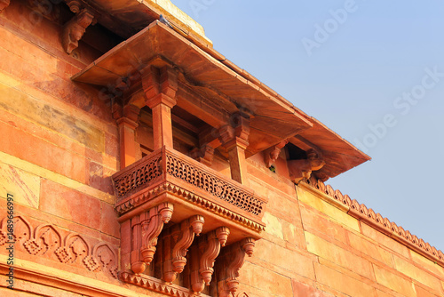 Detail of a building with decorated balcony in Fatehpur Sikri complex, Uttar Pradesh, India