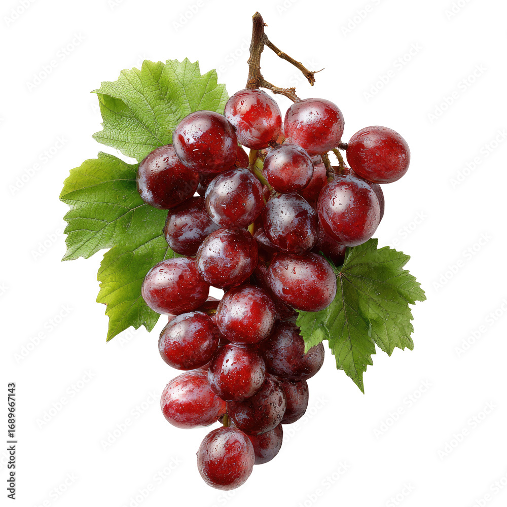 Fototapeta premium Close-up of a bunch of red grapes with leaves. Fresh, plump, red grapes cling to a stem. Healthy green leaves accompany the fruit