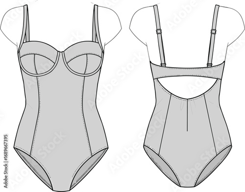 Cad Drawing Flat Vector Illustration of a Fashionable One-Piece Swimsuit with Adjustable Straps, Back Cut-Out Detail, and Seam Stitched Design
