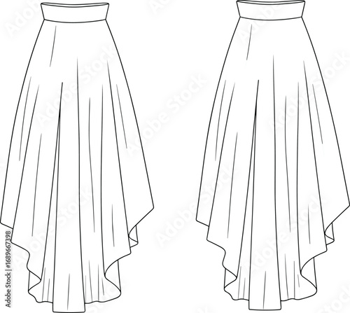 Asymmetrical draped skirt, women’s fashion design, high-low hem, front and back view, CAD flat sketch, vector apparel illustration
