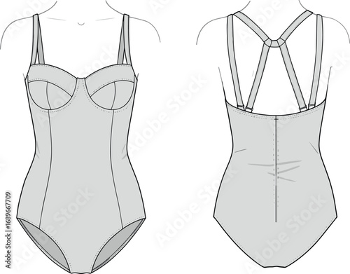 One-piece swimsuit technical fashion sketch, front and back view, underwire bustier, adjustable straps, garment construction, cad drawing flat vector illustration