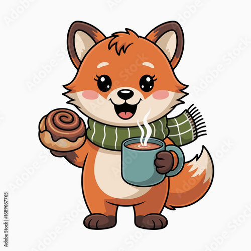 Cozy Fox with Chai and Cinnamon Bun Illustration
