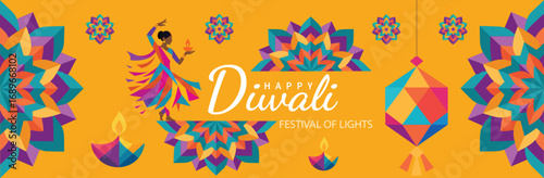 Happy Diwali Festival of Lights Banner with Colorful Rangoli, Dancing Woman and Lantern – Vector Illustration