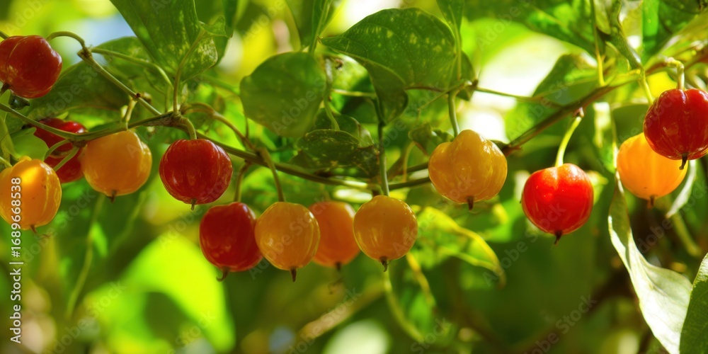 Obraz premium Vibrant Barbados cherries in various colors hang from a leafy branch in the sunlight.