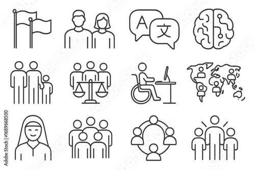 Diverse Workforce Icons. Line style icons of workforce diversity: cultural flags icon, gender mix icon, language diversity icon,