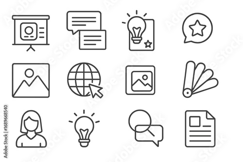Startup Branding Icons. Line style icons of startup branding: logo design board, brand tone guide, value prop icon, tagline card,