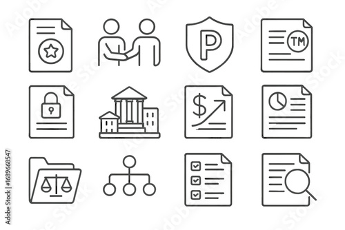 Startup Legal Icons. Line style icons of startup legal basics: startup incorporation file, founders agreement icon, IP protection