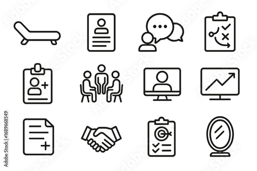 Therapy Icon Set. Line style icons of therapy sessions: therapy couch icon, client profile sheet, talk bubble icon, counseling