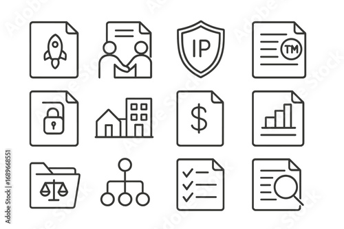 Startup Legal Icons. Line style icons of startup legal basics: startup incorporation file, founders agreement icon, IP protection