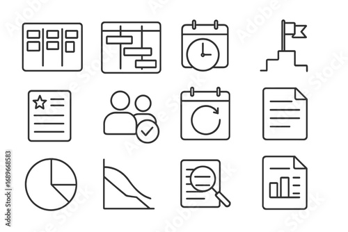 Remote Project Management Icons. Line style icons of remote project management: kanban board, Gantt chart icon, deadline tracker,
