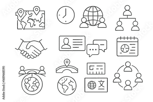 Global Team Icons. Line style icons of distributed teams: map with team pins, timezone label icons, global collaboration line,