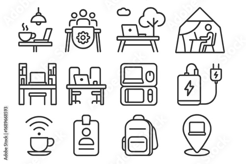 Coworking Icons Collection. Line style icons of coworking alternatives: café workspace icon, coworking hub icon, outdoor workbench