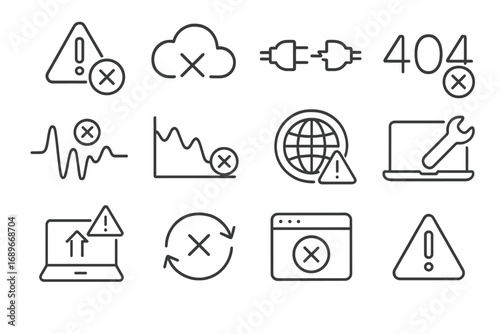 Internet Outage Icons. Line style icons of internet outages and alerts: outage alert icon, offline cloud icon, broken connection
