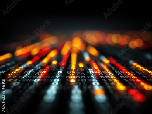 Digital artwork featuring a luminous, grid-like pattern of binary orbs in alternating red and blue Warm lighting with cooler tones interplaying Abstract form blending with technical p - AI-Generated