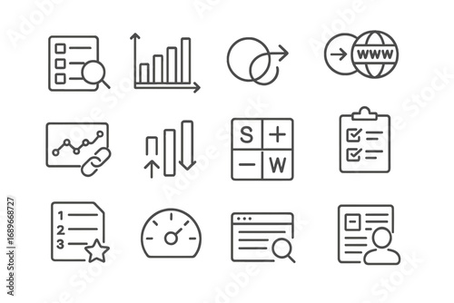 Competitor Analysis Icons. Line style icons of competitor analysis: competitor keyword list, SERP comparison chart, traffic