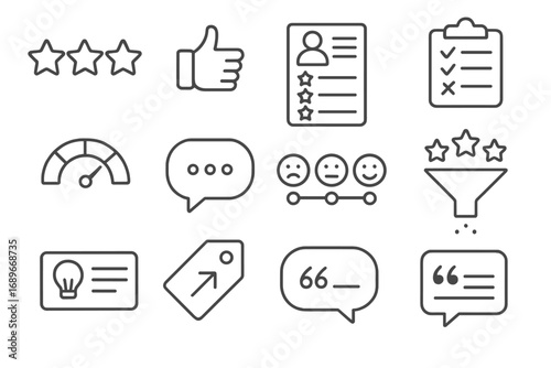 Customer Feedback Icons. Line style icons of customer feedback: rating stars icon, thumbs up/down icons, customer review sheet,