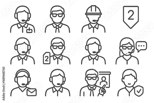 Helpdesk Role Icons. Line style icons of helpdesk roles: support agent badge, help desk manager icon, technical lead icon, tier 1