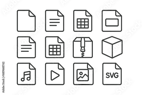 File Format Icons. Line style icons of file formats: PDF document icon, DOC file icon, XLS spreadsheet symbol, PPT presentation