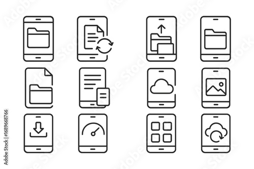 Mobile File Icons. Line style icons of mobile file storage: mobile file manager, file sync on phone, file upload icon, save to