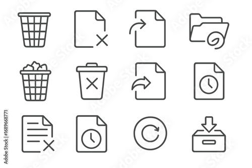 File Recovery Icons. Line style icons of deleted and recovery files: trash bin icon, deleted file icon, restore file arrow,