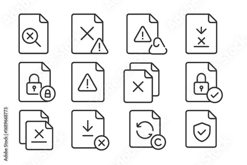 File Error Icons. Line style icons of file error and troubleshooting: file not found icon, unsupported format icon, file corrupted